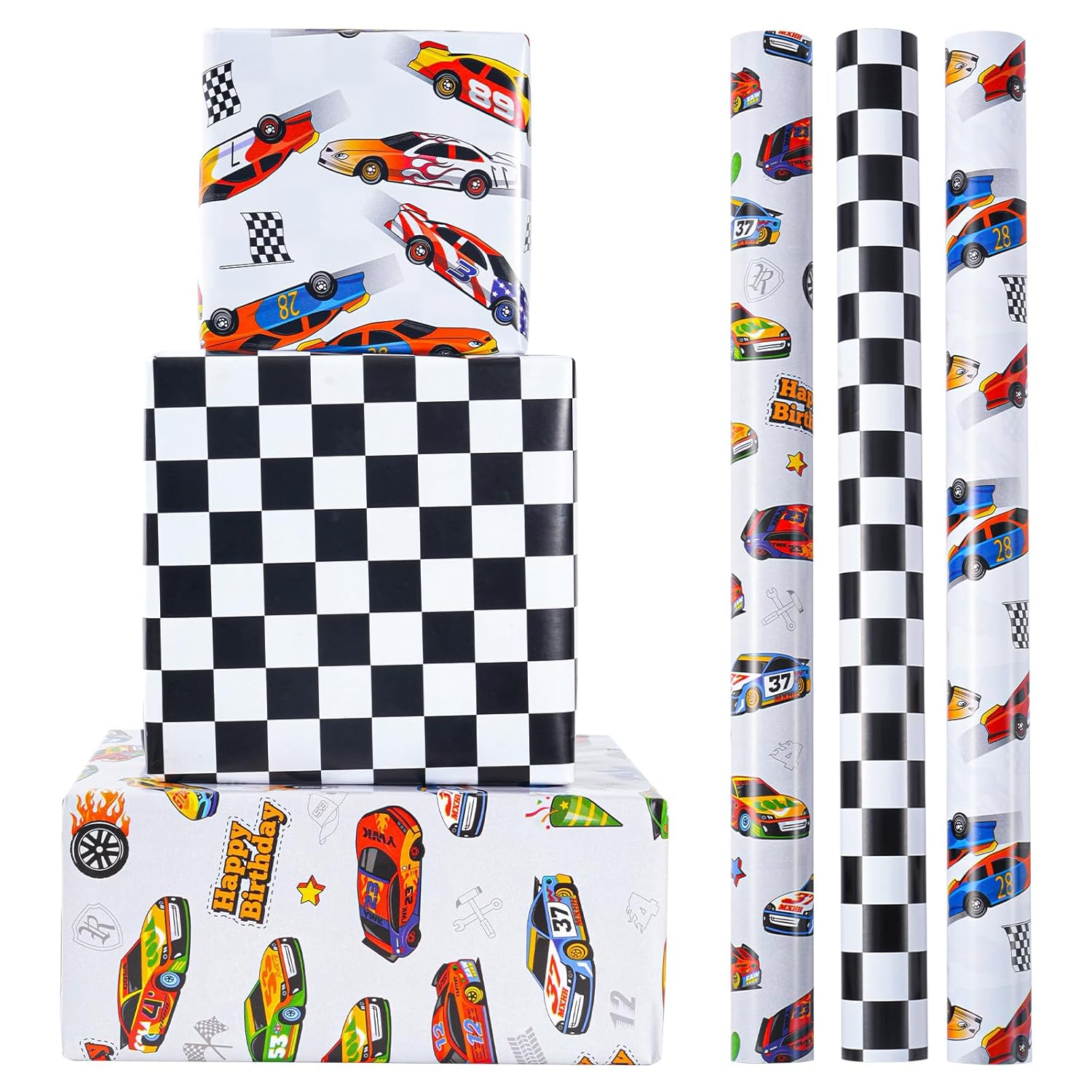 Race Car Wrapping Paper Rolls - Birthday Wrapping Paper For Kids Boys Autodrome Set Perfect For Party, Celebrating, Baby Boy Present Packing– 3 Rolls - 17 Inch X 120 Inch Per Roll