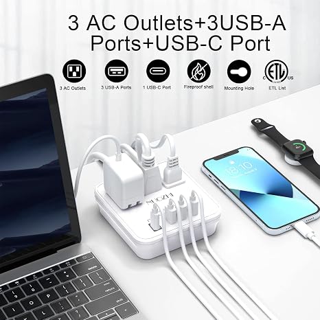 Cruise Ship Power Strip 3 Outlets 4 USB Ports USB C 6FT Extension Cord No Surge White