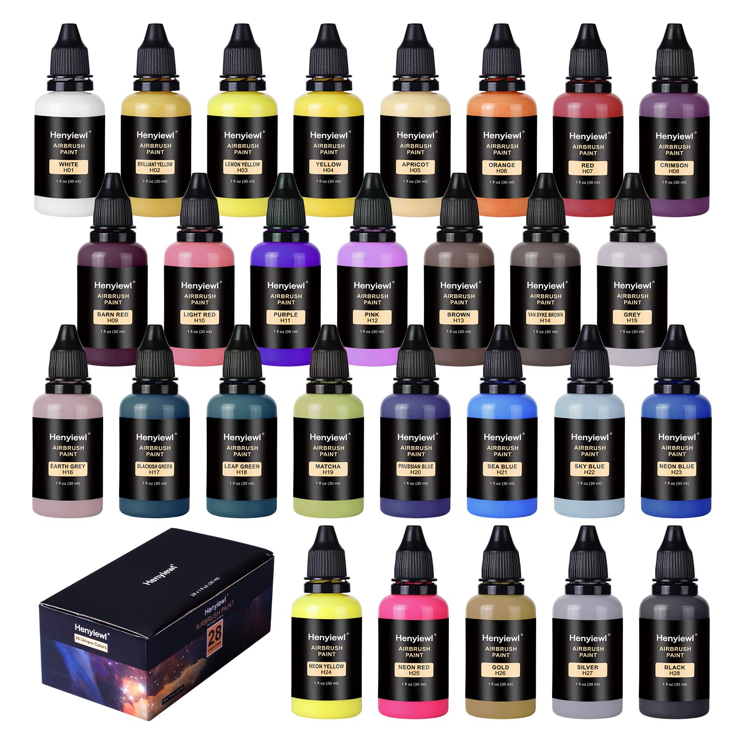 Airbrush Paint, 28 Colors Airbrush Paint Set (30 Ml/1 Oz), Opaque & Water-Based Acrylic Air Brush Paint Kit Includes Metallic And Neon Colors, Premium Airbrush Paints For Artists, Beginners,