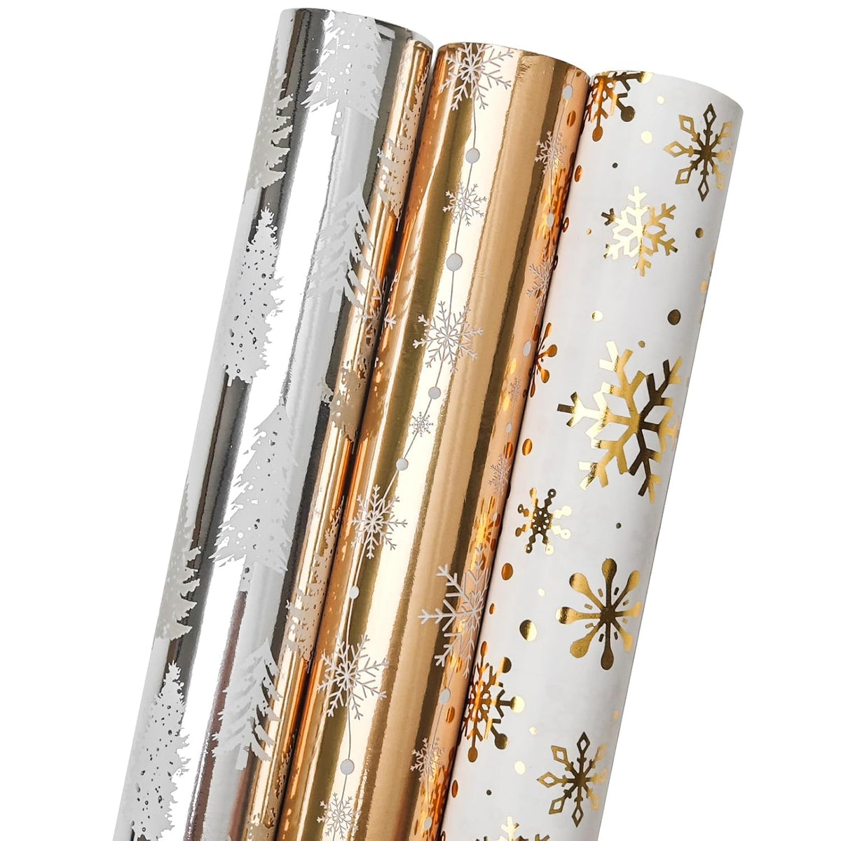 Mini Short Christmas Wrapping Paper Roll With Cut Lines On Reverse (17" X 120" Per Roll) - Silver & Gold & White Gold With Metallic Shine