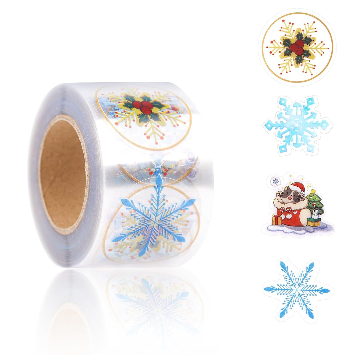 500Pcs 1.5In Clear Merry Christmas Stickers Roll, 4 Styles Foil Gold Round Snowflake Christmas Tree Pattern Present Decorative Labels Seals For Envelope Sealing Invitation Greeting Cards Gift Decor