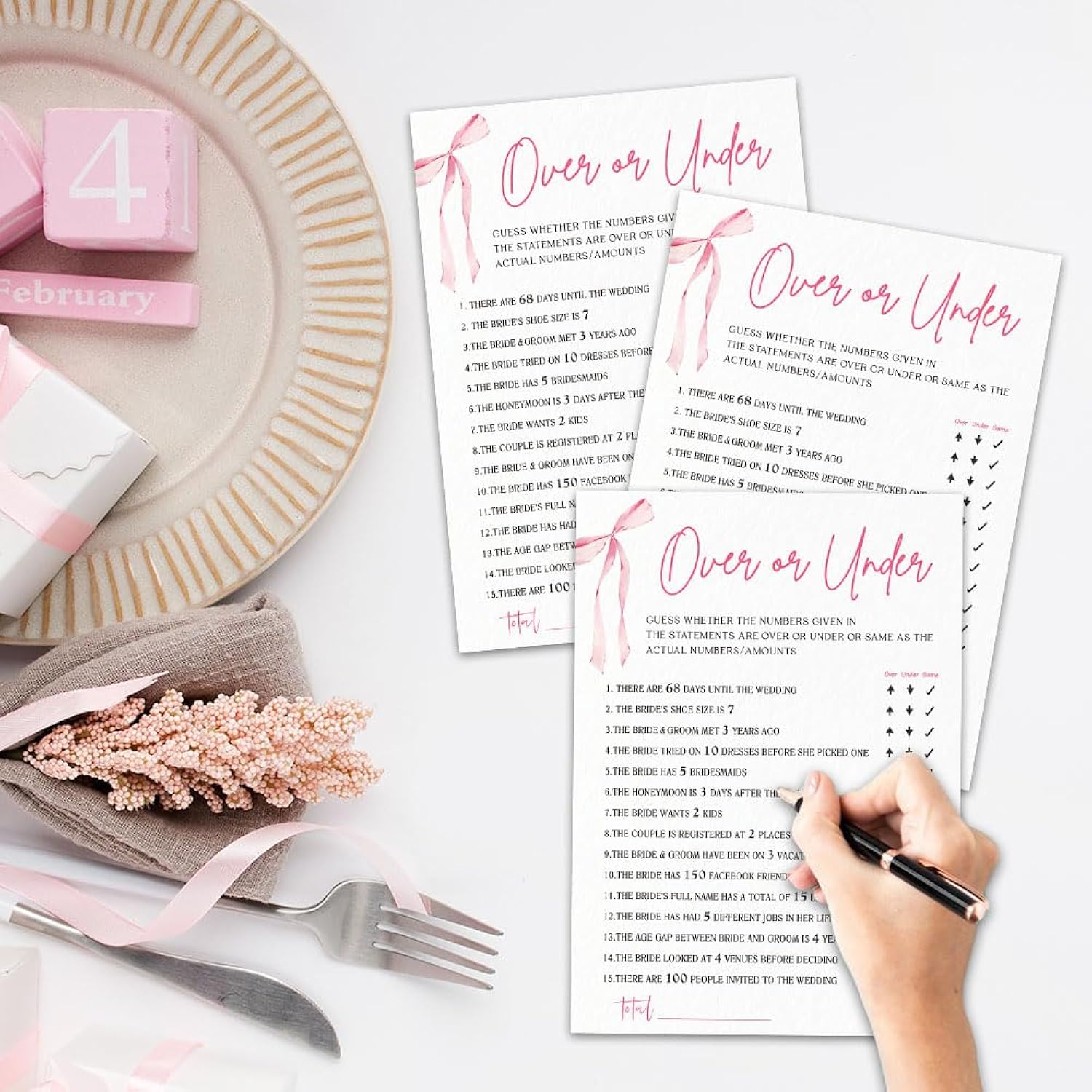 Wedding Game Set - 30 Pcs Pink Bow Over Or Under Engagement Game Cards, Bridal Shower Double-Sided Fill In Style Game Cards, Party Game & Activities - A04