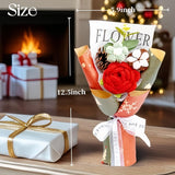 Flowers Bouquet,Red Rose Christmas Flowers Gift,Exquisite Wrap Handmade Cotton Pinecone Flowers,Forever Knitted Artificial Flower Bouquet Gifts For Women Mom Wife Graduation New Year (Mid)