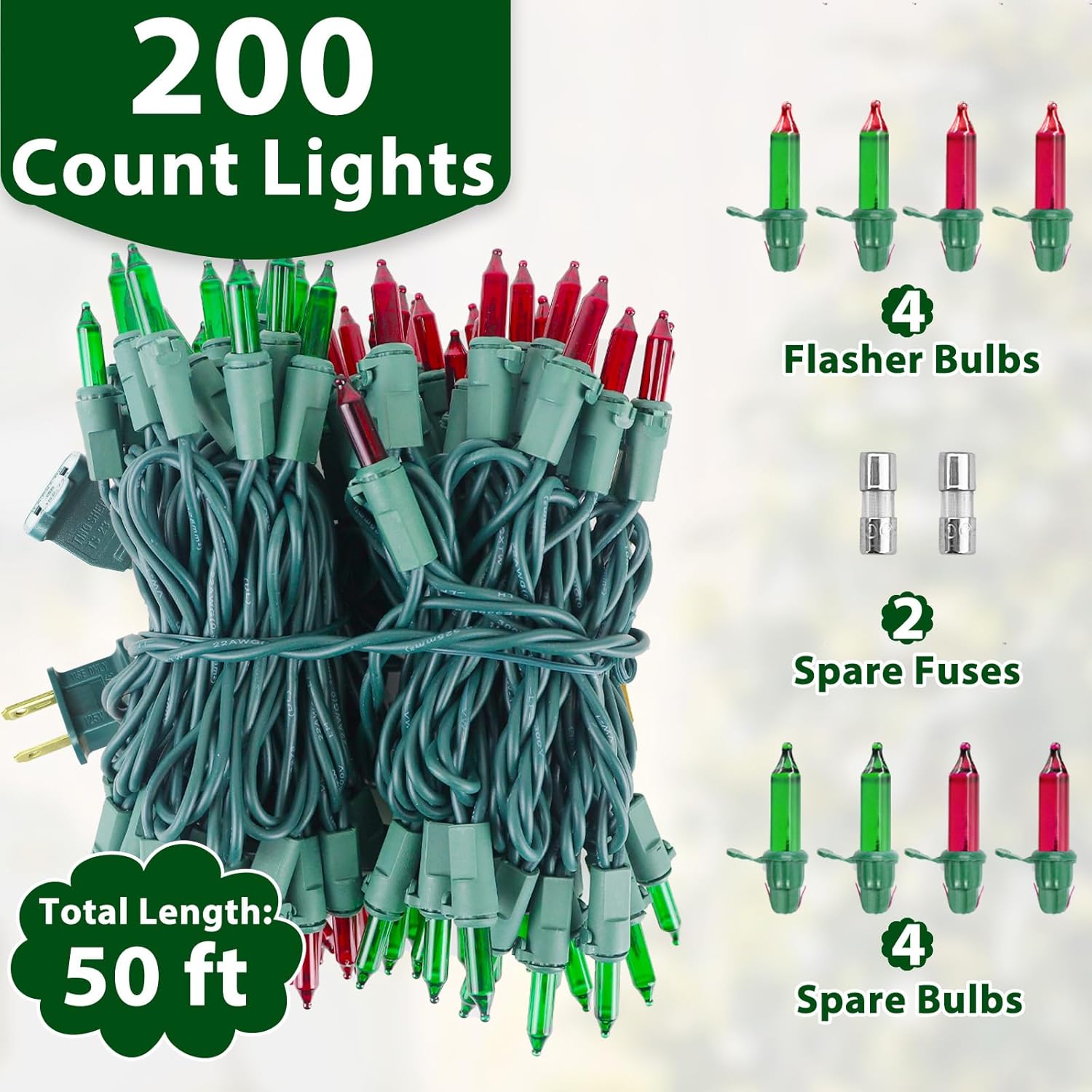 Christmas Lights 50Ft 200 Count Incandescent Bulbs Red And Green Mini Lights With Green Wire For Christmas Tree, Garland