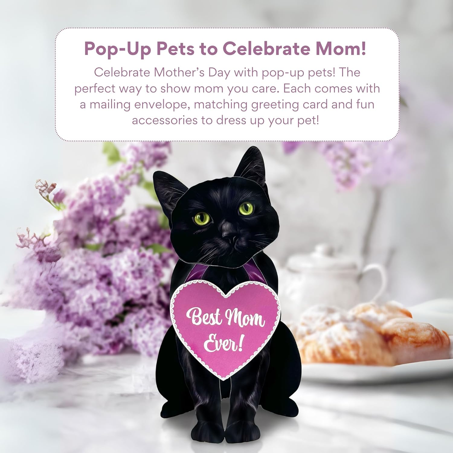 Pop Up Pet Cards, Black Cat, Gifts For Cat Lovers, Gifts For Mom With Mother'S Day Accessory Sheet, Notecard & Envelope, 3D Popup Greeting Card, Mother'S Day Cards