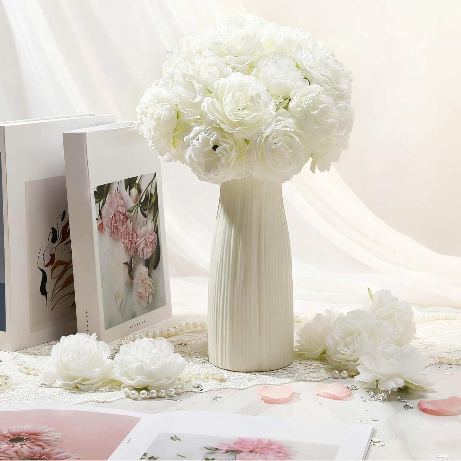 100 Pcs Flowers Long Stem Artificial Rose, 3.2 Inches Silk Rose Head Flowers Fake For Wedding Bridal Bouquet Independence Day Home Floral Diy Centerpieces Party Decoration (White)