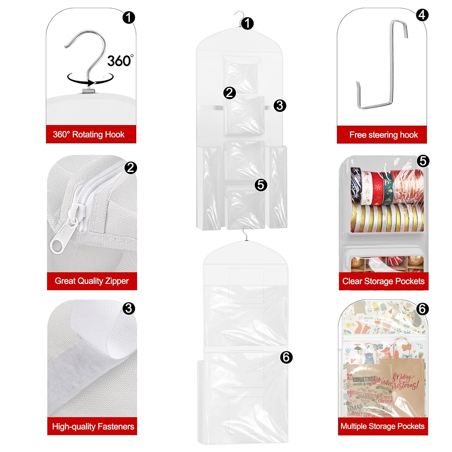 Hanging Gift Wrapping Paper Storage, 40"X17" White Double-Sided Christmas Wrapper Bag Container, Oxford Craft Roll Organizer, Present Wrap Holder For Bedroom Closet, Door, Cabinet