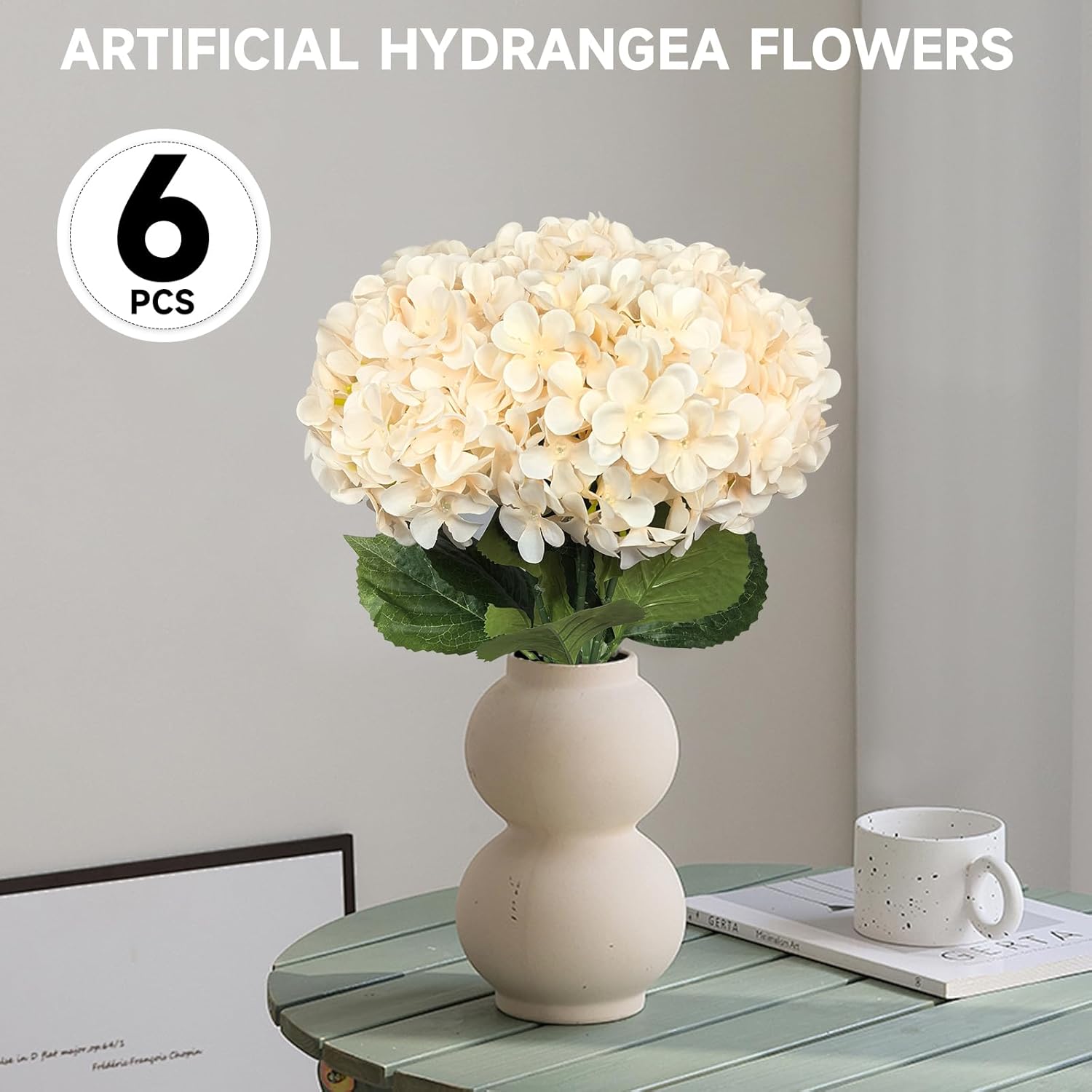 6 Pcs Artificial Hydrangea Flowers, Faux Silk Hydrangea With Long Stems, Home Wedding Decor, Table Centerpieces, Party Decorations(Champagne)
