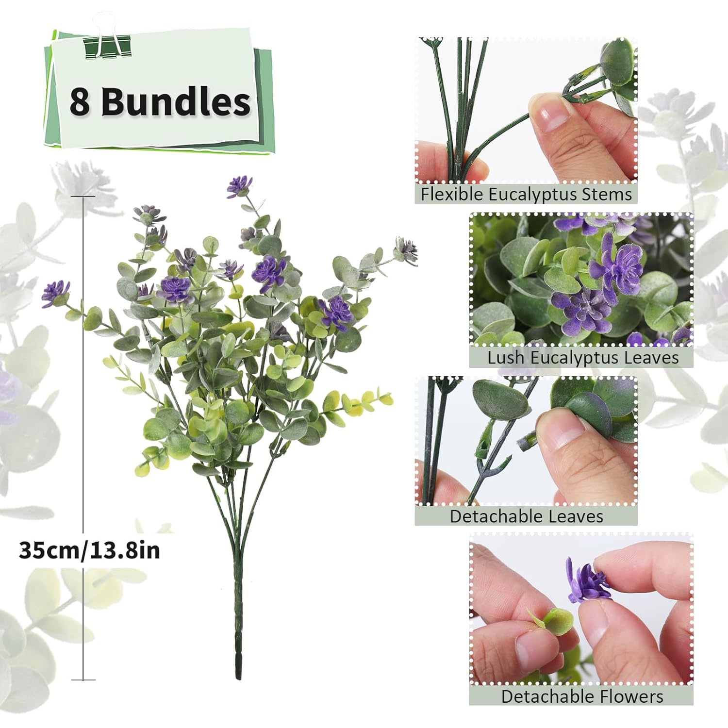 8 Bundles Artificial Eucalyptus Plants Flowers Greenery Fake Boxwood Bushes Faux Shrubs Plants For Spring Wedding Window Box Indoor Outdoor Valentines Day Decor(Dusty Green+Dusty Purple)
