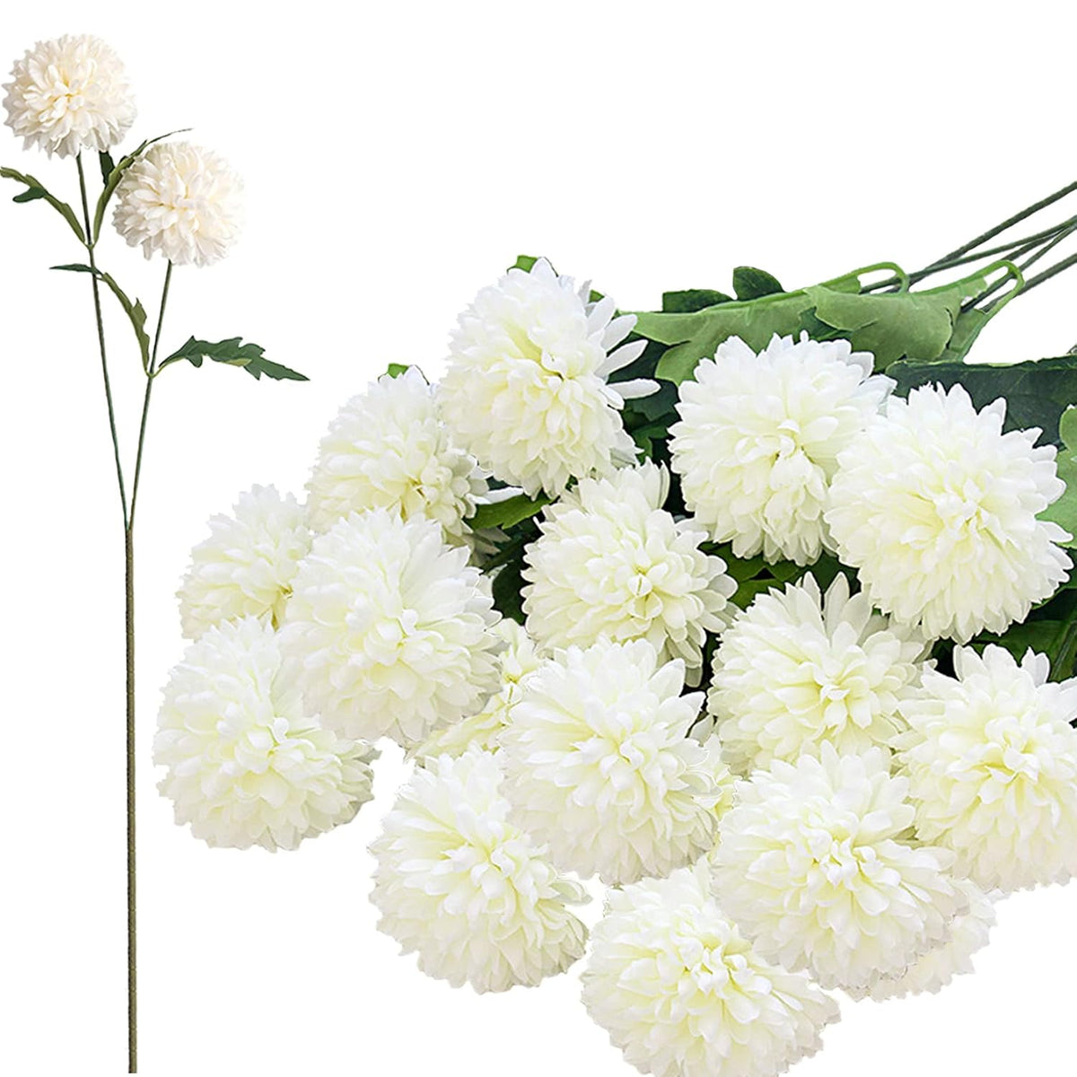 24 Silk Chrysanthemum Ball Head Bouquet White Bouquets Hydrangea,12 Pcs Artificial Two Head Chrysanthemum Ball Flowers For Home Office Coffee House Parties And Wedding