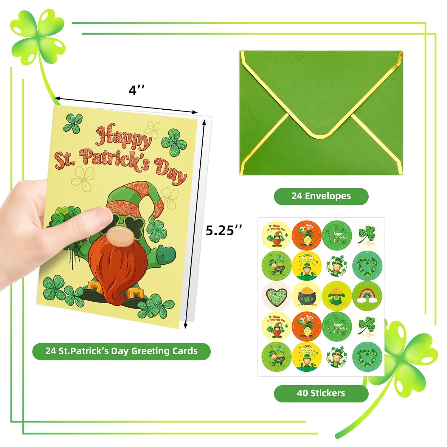 St.Patrick'S Day Cards With Envelopes 24 Pack Glitter Shamrock Cards Blank Inside Party Supply Green Cards