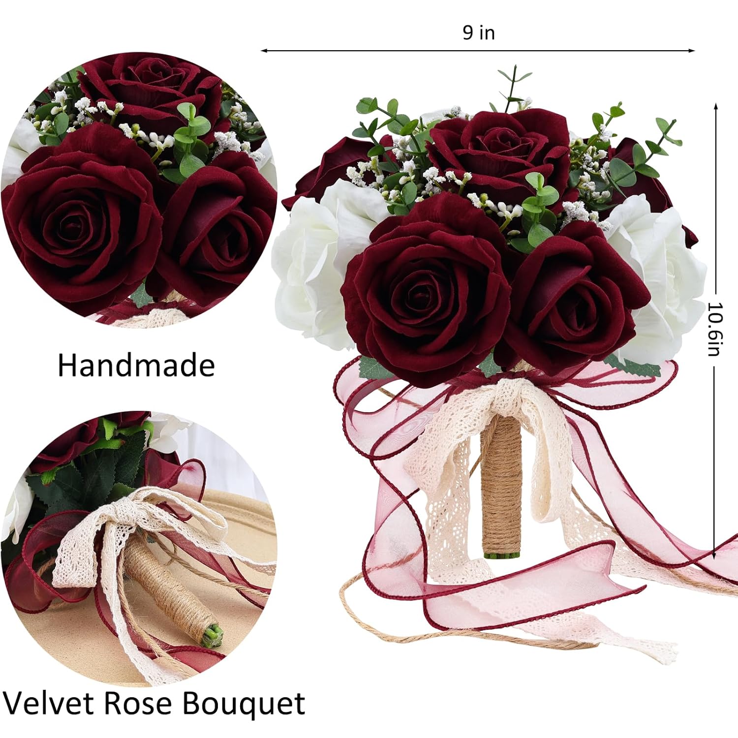 9In Wedding Bouquets For Bride Bridesmaid, Burgundy & White Artificial Roses Flowers Bouquet For Rustic Church Boho Wedding Or Centerpieces Decoration