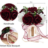 9In Wedding Bouquets For Bride Bridesmaid, Burgundy & White Artificial Roses Flowers Bouquet For Rustic Church Boho Wedding Or Centerpieces Decoration