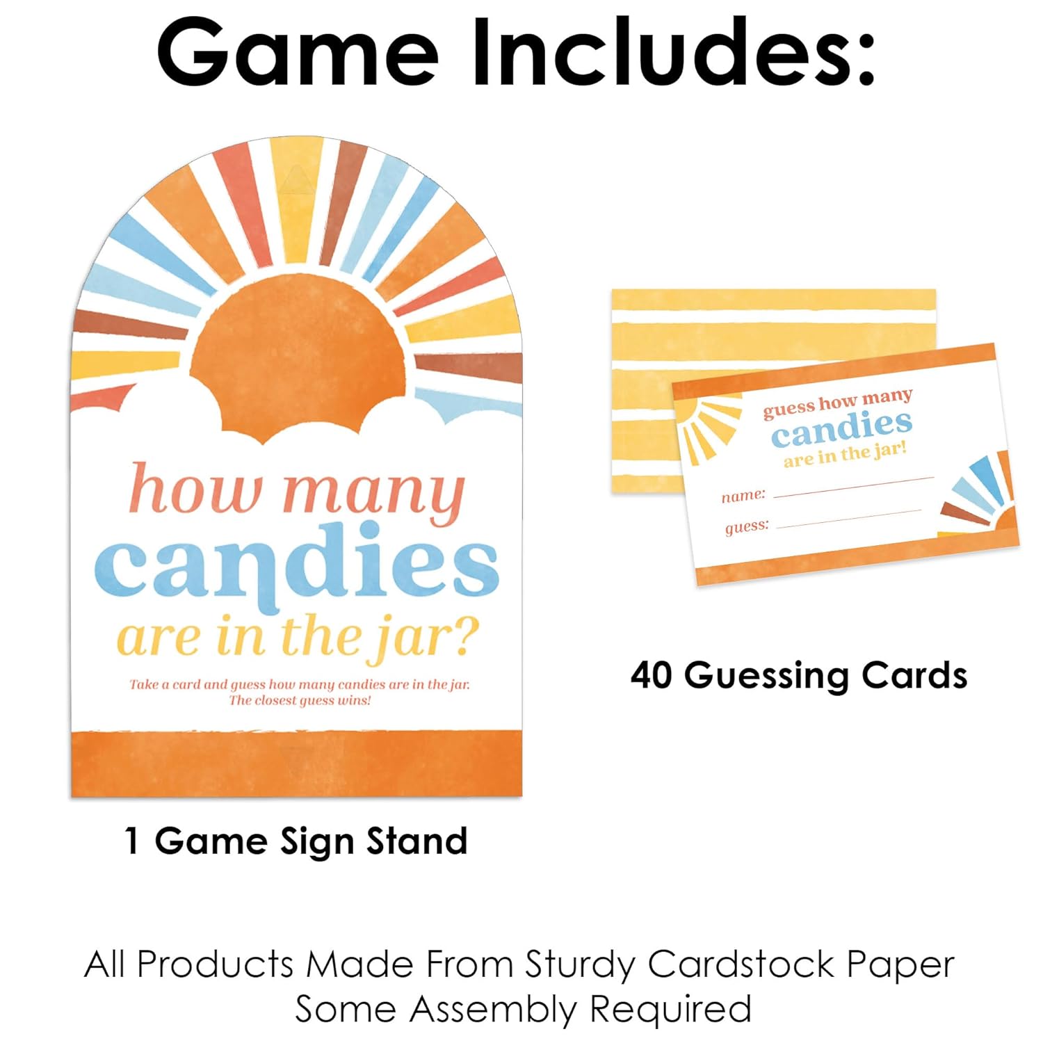 Big Dot of Happiness Retro Sunshine How Many Candies are in The Jar, Boy Boho-Themed Here Comes The Son Baby Shower Game, Candy Guessing Party Activity - 1 Paper Stand and 40 Cards
