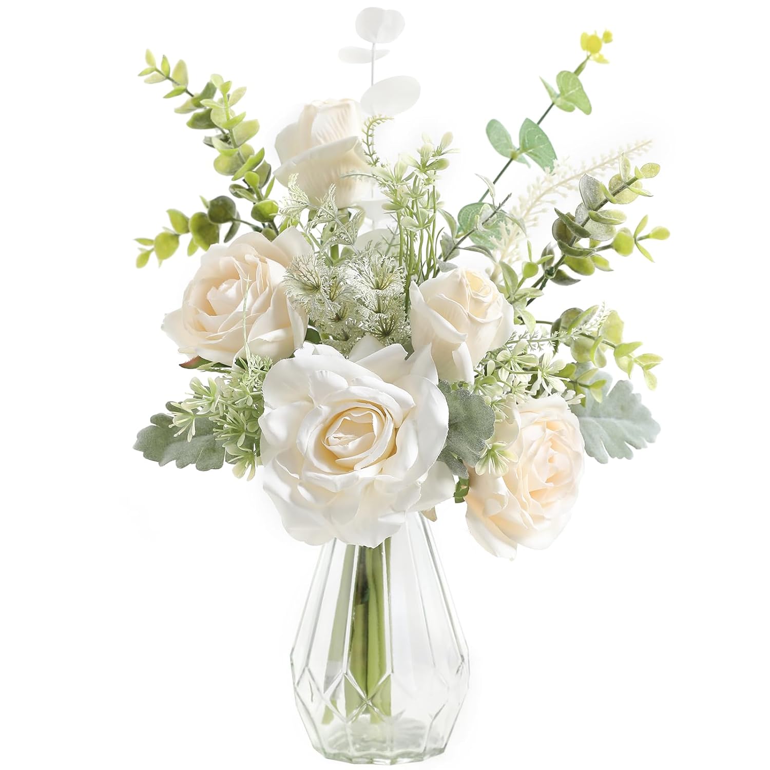 Artificial Flowers With Vase,White Silk Roses And Fake Plant Eucalyptus In Vase,Faux Flower Arrangement With Vase Suitable For Home Office Decoration, Living Room And Dining Table Centerpiece