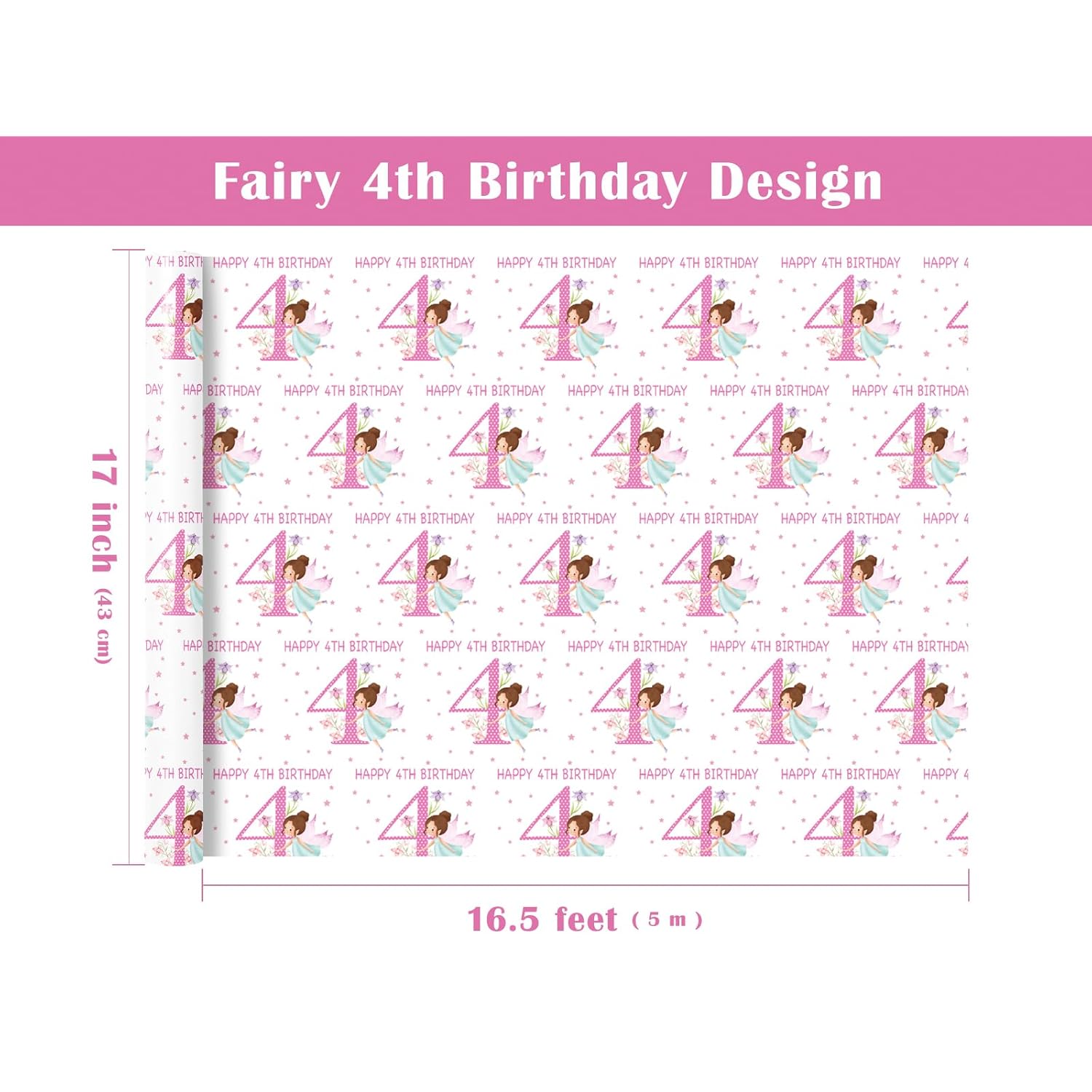 Girls 4Th Birthday Wrapping Paper Roll - Mini Roll - 17 Inch X 16.5 Feet - Girl Fairy Happy 4Th Birthday Wrapping Paper Perfect For Kids Girls, Baby Shower, Party