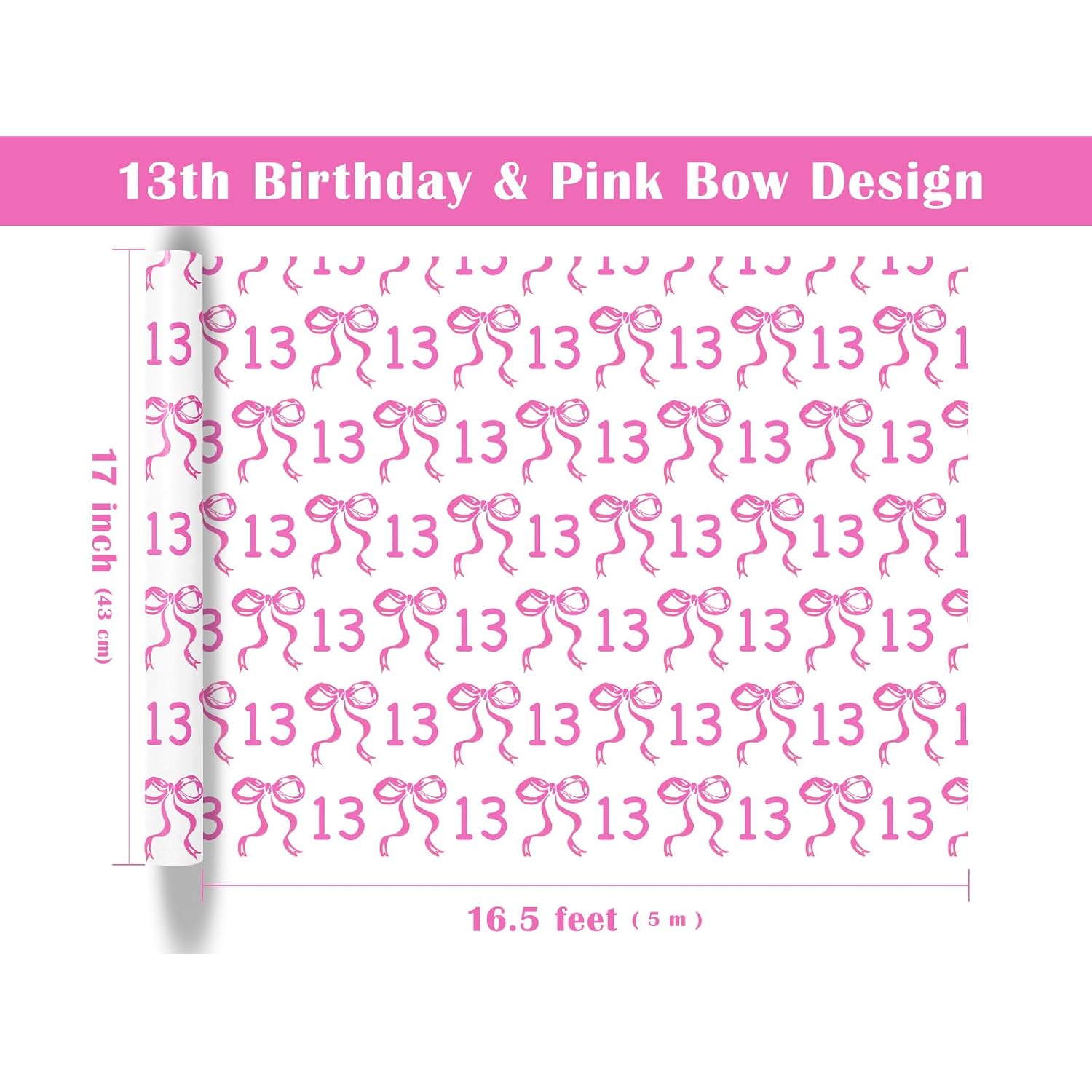13Th Birthday Wrapping Paper Roll - Mini Roll - 17 Inch X 16.5 Feet - Pink Bow Wrapping Paper For Girls Birthday, Baby Shower, Party