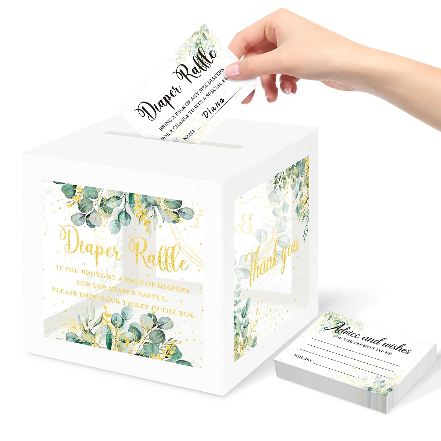 Greenery Baby Shower Games For Girl Or Boy, Oh Baby Sage Green Diaper Raffle Card Box With Tickets For Boy Baby Shower Decorations