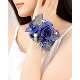 Bridal Prom Rose Wrist Corsage Artificial Flower Pearl Wristlet Bridesmaid Hand Flower Bracelet Wristband For Wedding Ceremony Party (Pearl Flower - Dark Blue)