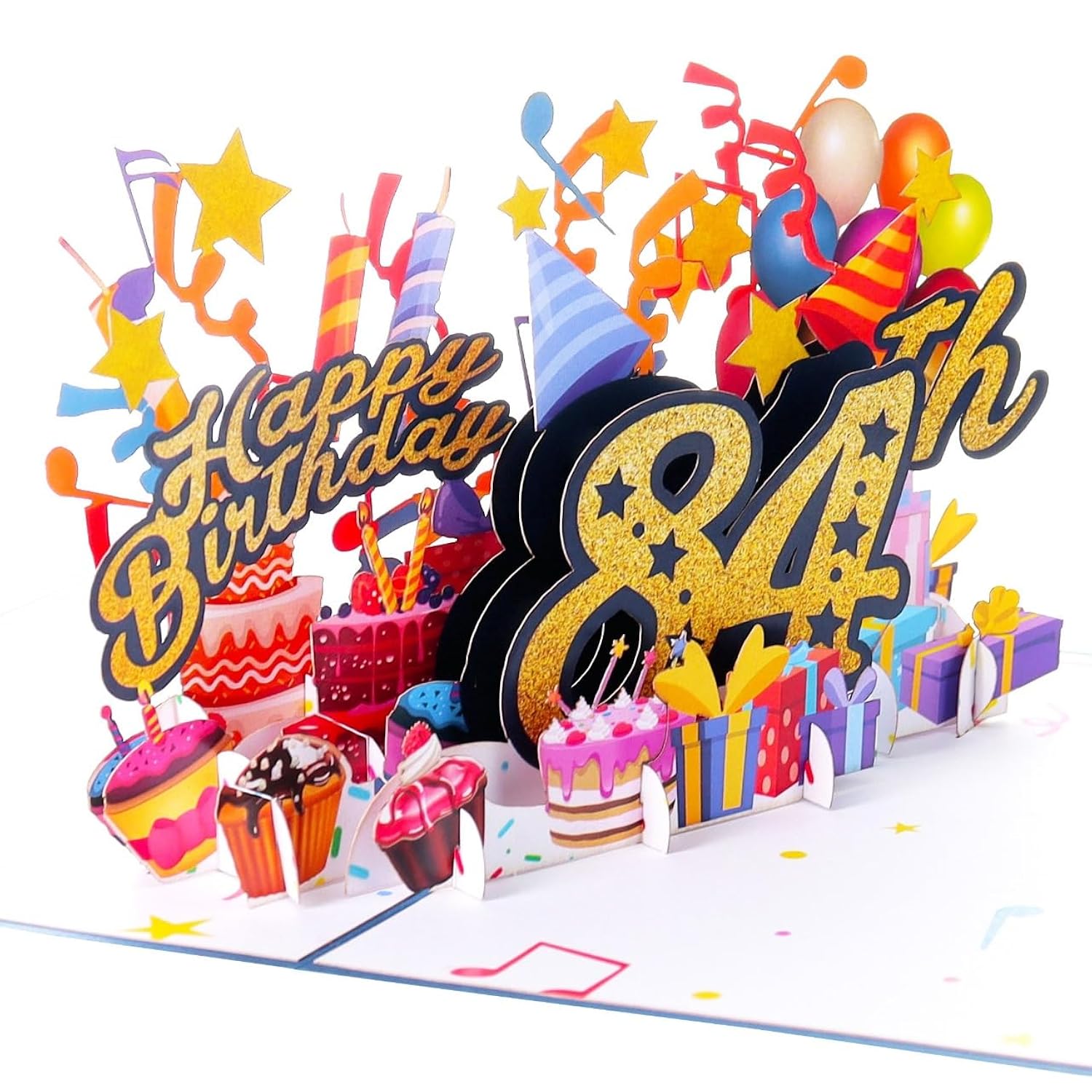 3D Pop Up Happy 84Th Birthday Card – Blue Design With Glitter Numbers, Balloons, Cakes & Gifts – Unique Bday Card For Dad, Mom, Husband, Wife, Man Or Woman – 5" X 7"