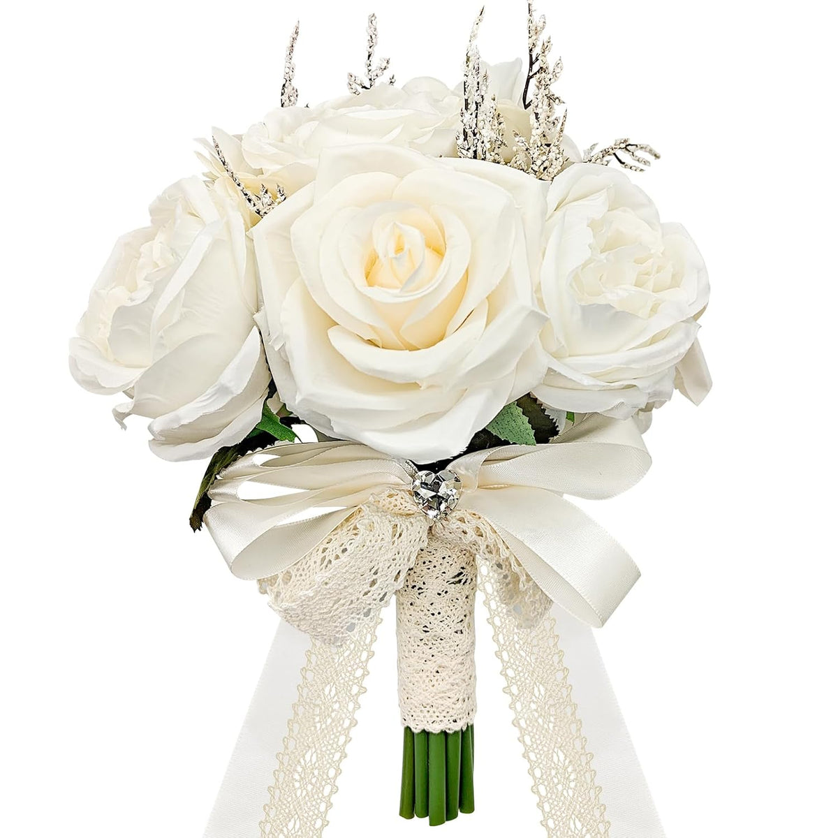 8.5 Inches Wedding Bouquet Cream Artificial Flower Bouquet 15 Faux Roses For Bride Wedding Marriage Proposal Party Church Decoration