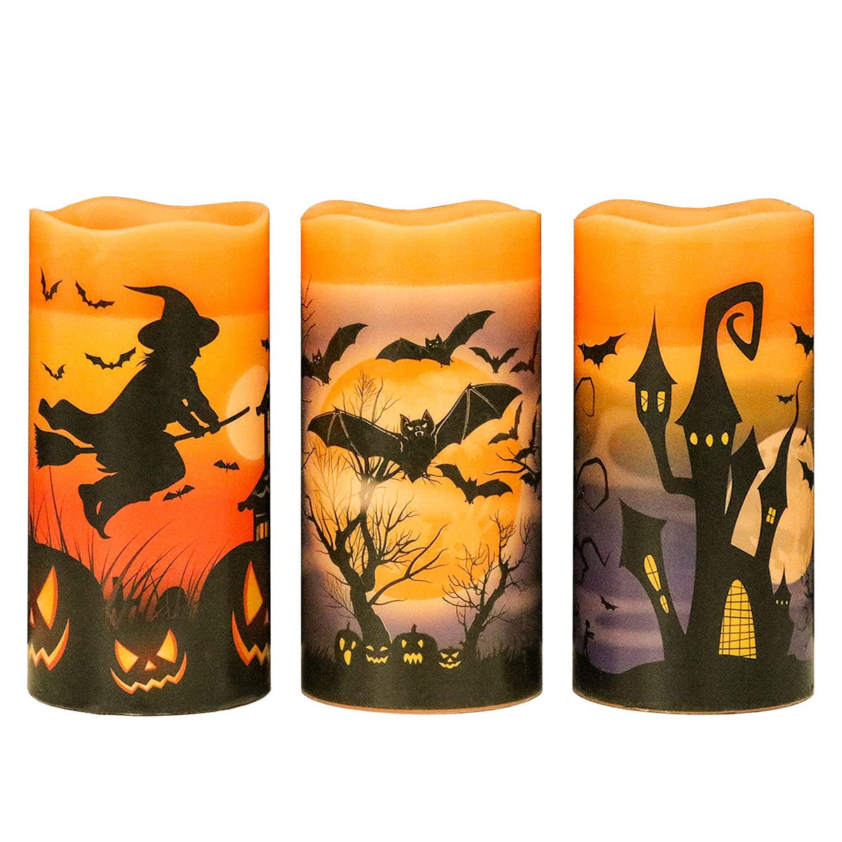 Halloween Flameless Flickering Led Candles With 6-Hour Timer, Battery Operated Wax Candles Assorted Decals Witch, Bats, Castle Set Of 3 For Decoration