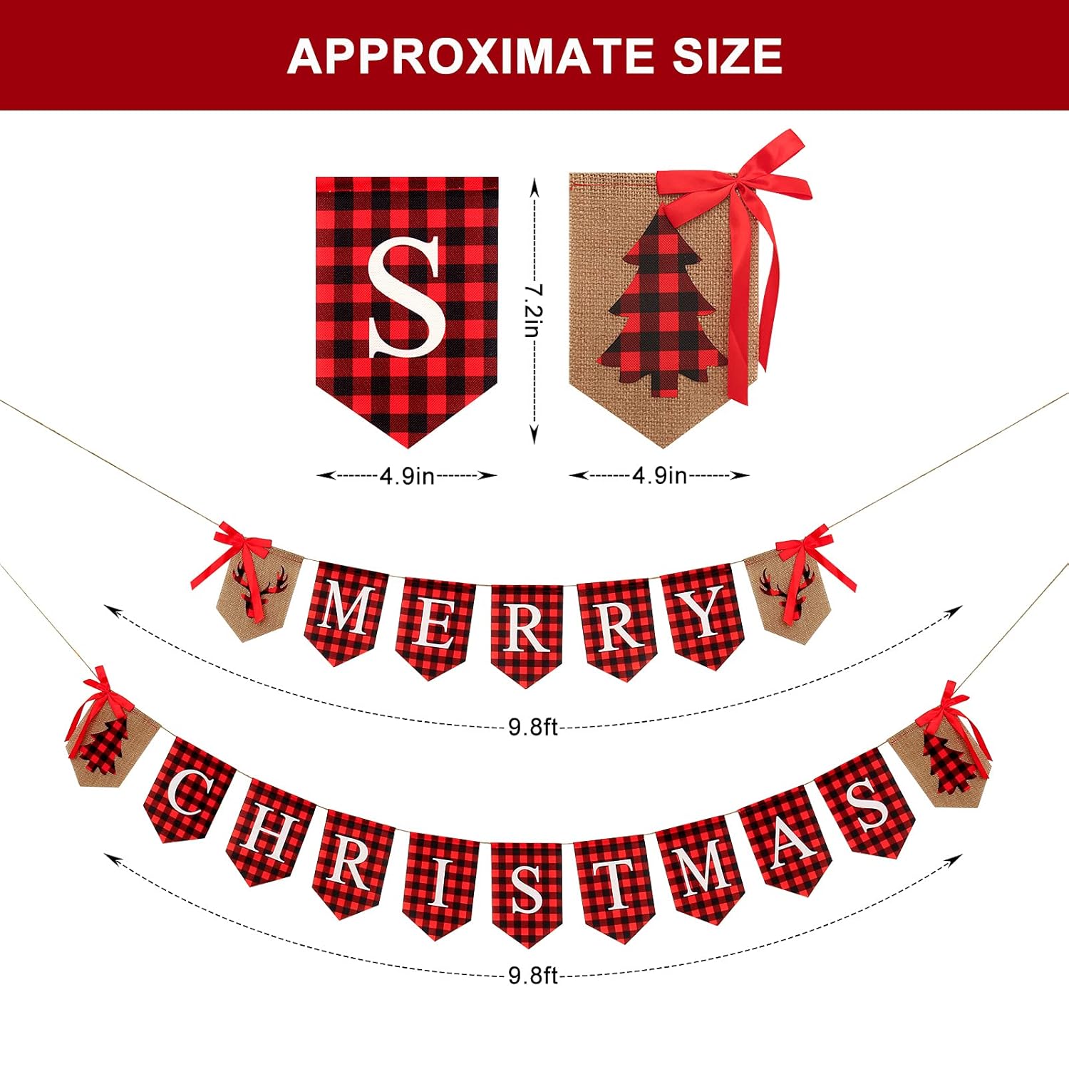 Merry Christmas Banner Burlap Garland & Vintage Xmas Banner For Fireplace Mantel - Black & Red Plaid Letters - Xmas Party Supplies