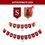 Merry Christmas Banner Burlap Garland & Vintage Xmas Banner For Fireplace Mantel - Black & Red Plaid Letters - Xmas Party Supplies