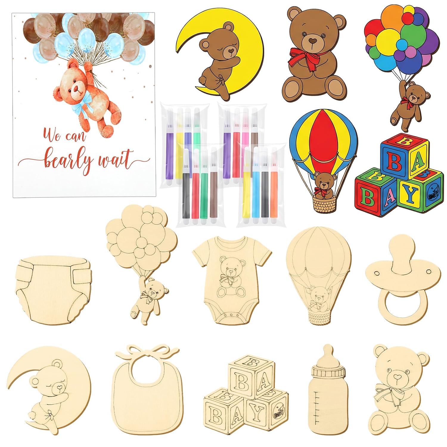 24 Set Bear Baby Shower Activity Supplies Wooden Painting Kit For Adults We Can Bearly Wait Baby Shower Decorations Gender Reveal Party Favors Guests Prize Gift Goodie Bag Stuffers