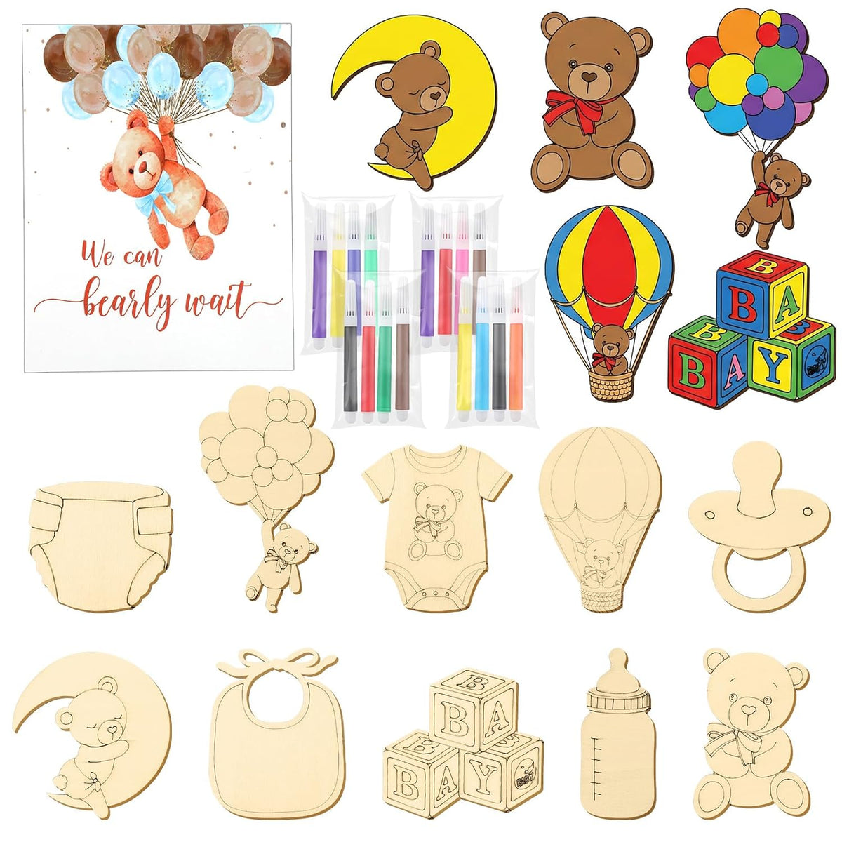 24 Set Bear Baby Shower Activity Supplies Wooden Painting Kit For Adults We Can Bearly Wait Baby Shower Decorations Gender Reveal Party Favors Guests Prize Gift Goodie Bag Stuffers
