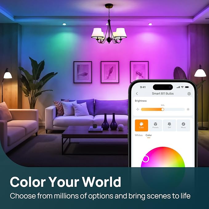 E12 Matter Smart LED Bulbs 4 Pack RGBTW Color Changing Candelabra WiFi Bulbs Alexa Apple Home Google