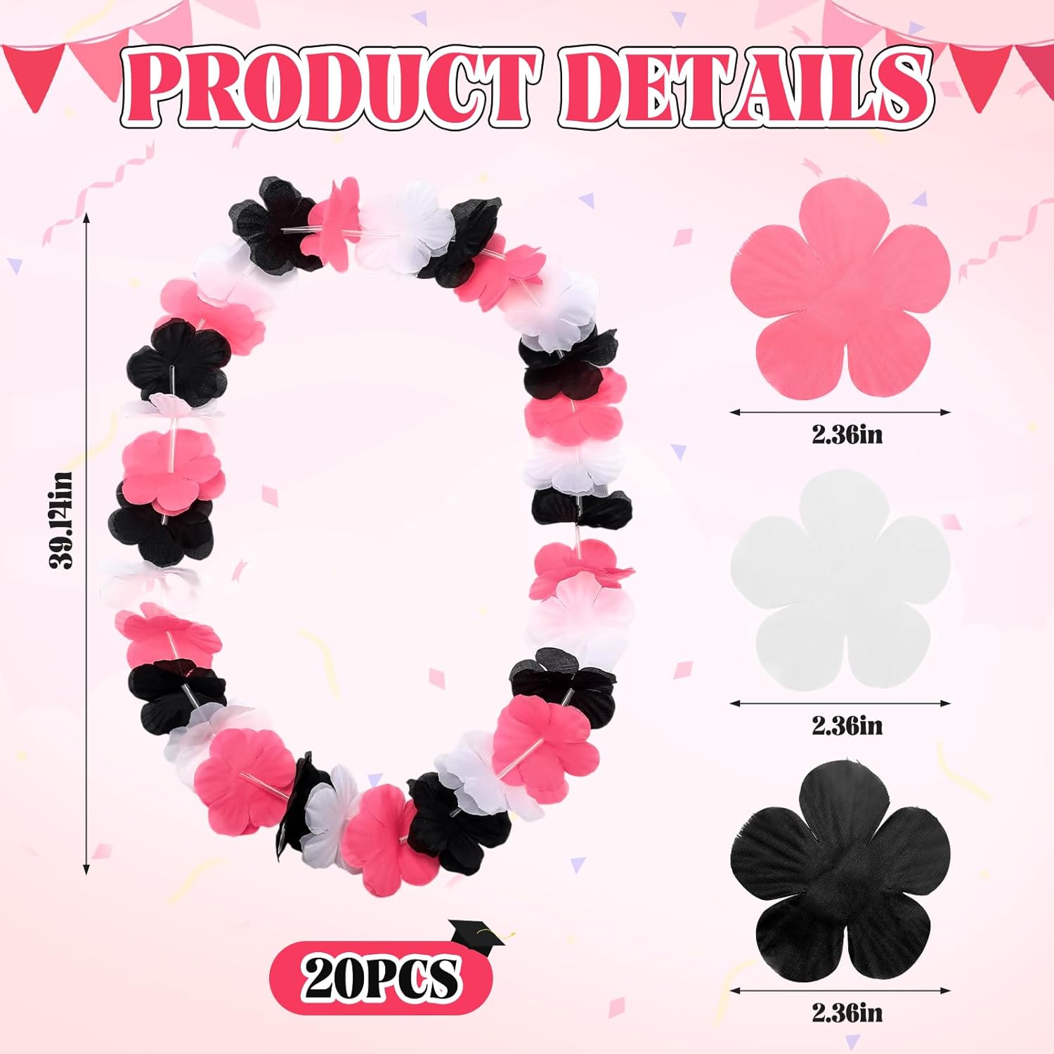 20 Pcs Bulk Graduation Leis Class Of 2025 Hawaiian Leis Flower Necklaces 39.4 Inch Graduation Garlands For High School College Graduate Grad Party Favor Photo Prop(Black White Pink)