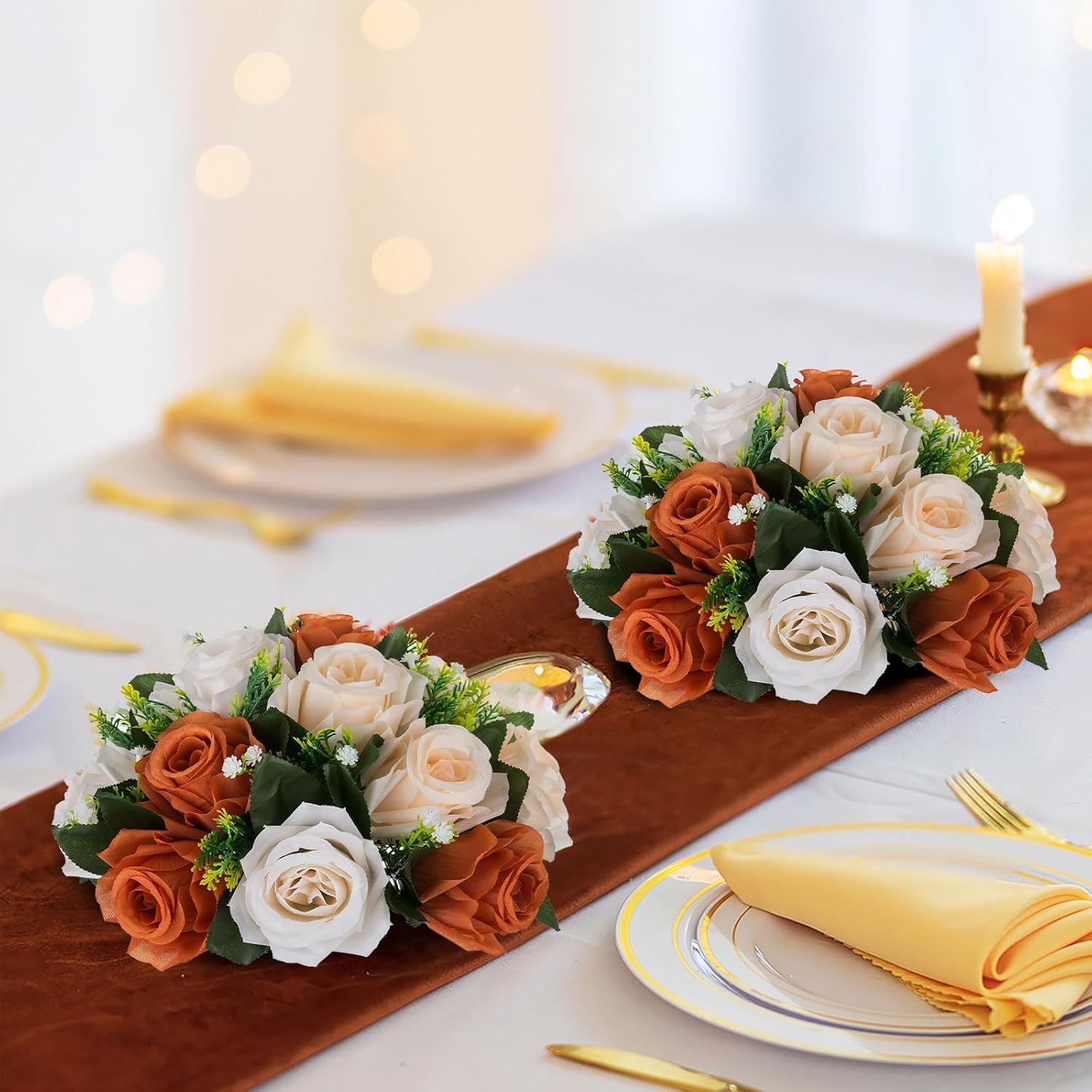 Flower Balls For Centerpieces Decoration: 2 Pcs Terracotta Artificial Rose Kissing Balls For Table - Fall Fake Silk Floral Bouquet With Base Arrangements For Home Party Room Diy Decor