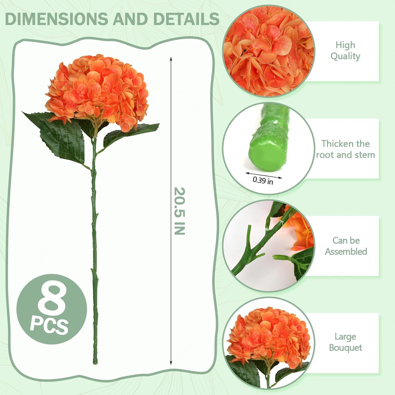 8 Pcs Hydrangea Artificial Flowers 21" Orange Silk Fake Flowers Bouquet With Stems Faux Latex Floral Bulk Bouquet For Home Wedding Arrangement Party Baby Shower Table Centerpieces Decoration
