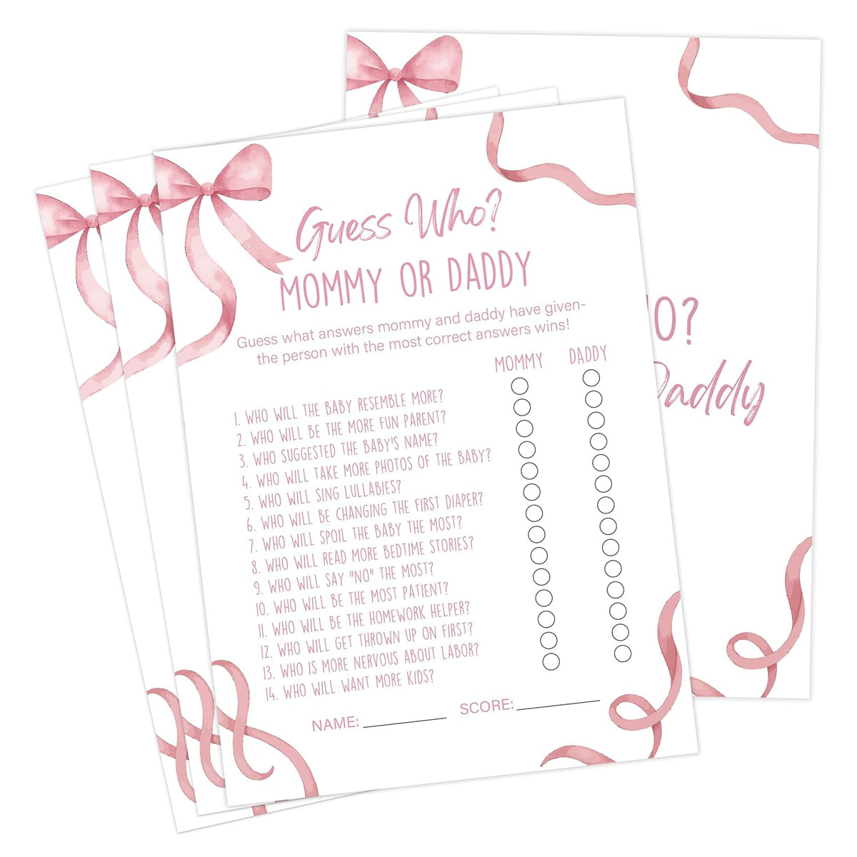 Pink Bow Baby Shower Games, Pink Guess Who Mommy Or Daddy Game For 30 Guests With Game Cards, Gender Reveal, Baby Shower Supplies & Decorations (Dv01)