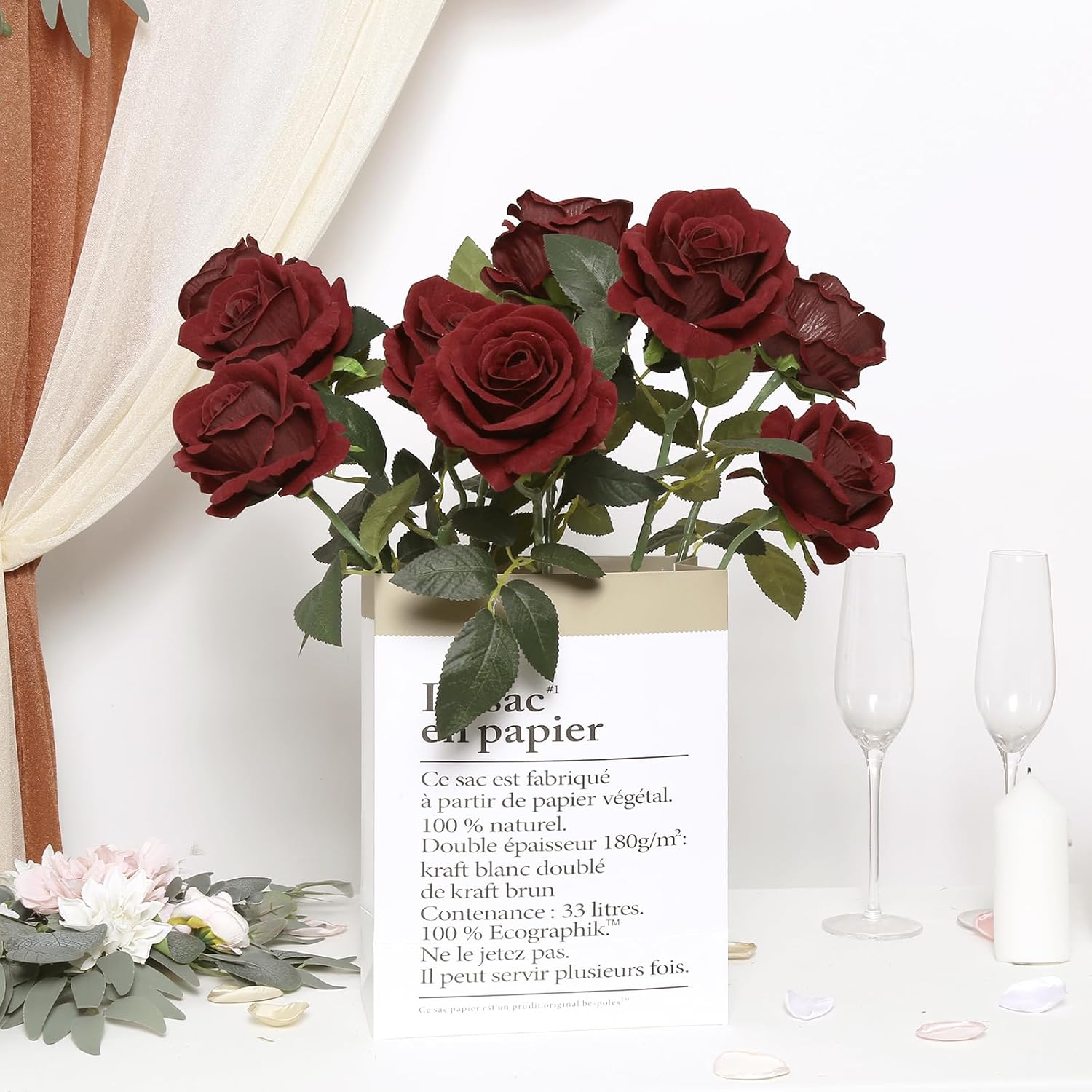 Burgundy Roses Artificial Flowers,10Pcs Real Touch Fake Velvet Roses 19.7" Faux Roses With Stems For Diy Wedding Bouquet Valentine'S Day Party Home Decoration (Burgundy)
