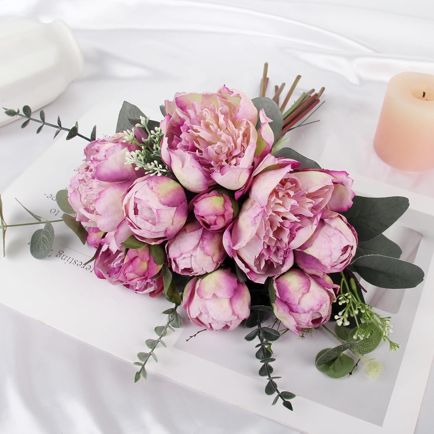Purple Peonies Artificial Flowers 21Pcs Fake Silk Peonies With Eucalyptus & Stems - Faux Flowers Centerpieces For Table Vase Home Bouquet Cemetery Grave Headstone Floral Arranging Crafting Decorations