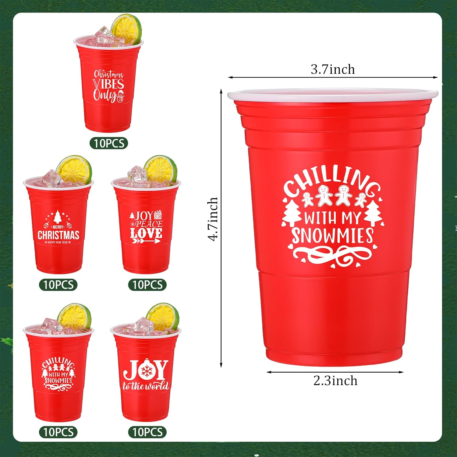 50 Pcs 16 Oz Disposable Christmas Plastic Cups Christmas Plastic Party Cups Red Merry Joy Christmas Cups Bulk For Drinking Xmas Holiday Party Decoration Beverage Snacks Beer, 5 Styles