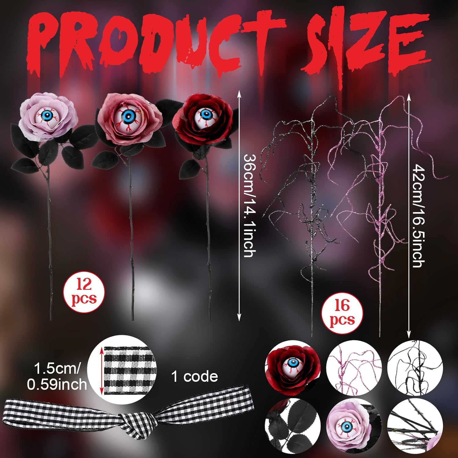28 Pcs Halloween Flowers Decorations 12 Halloween Eyeball Flowers Artificial Rose Floral With Eyeballs 16 Artificial Glitter Branches Floral Picks Decorative Twigs For Home Indoor Table Vase