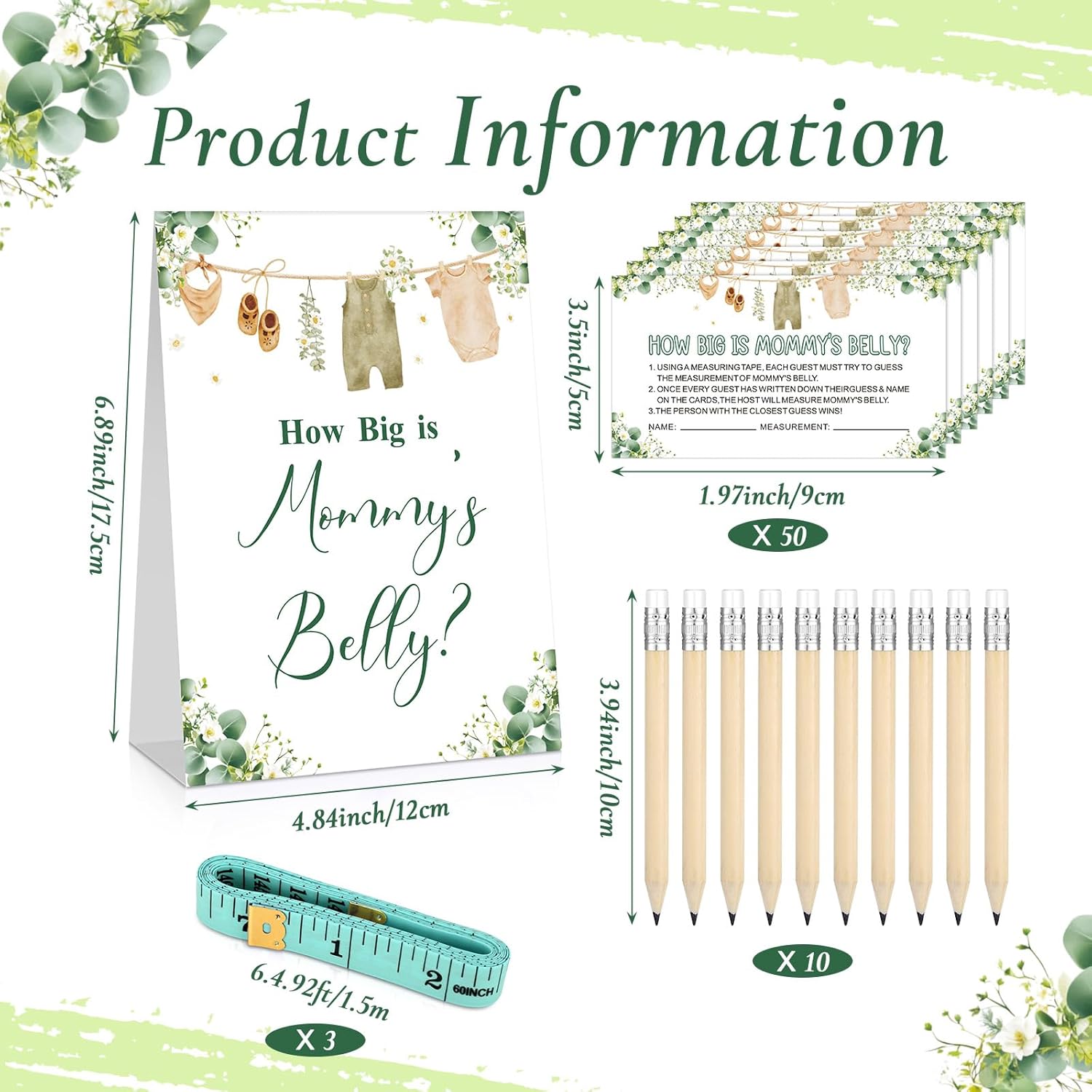 64 Pcs Sage Green Baby Shower Games Include How Big Is Mommy'S Belly Sign Measure Bump Game 50 Guessing Cards 10 Pencils 3 Measuring Tapes For Baby Shower Gender Reveal Party Supplies