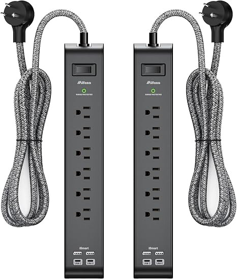2 Pack Surge Protector Power Strip with 6 Outlets 4 USB Ports 5FT Extension Cord