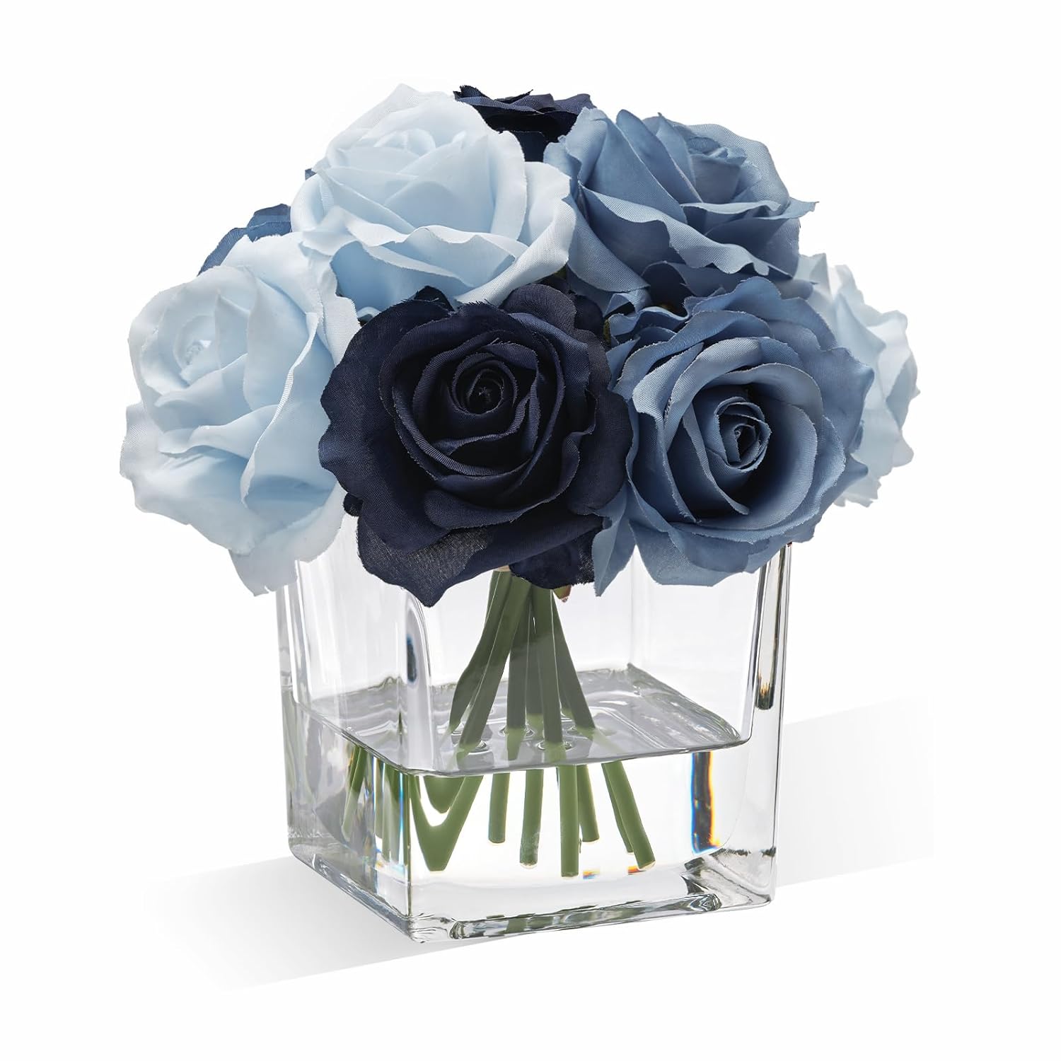 Rose Artificial Flowers In Vase With Faux Water, Silk Rose Table Centerpieces For Home Coffee Table Decor, Fake Roses Flower Arrangements For Office Hotel Lavatory Decor (Blue)