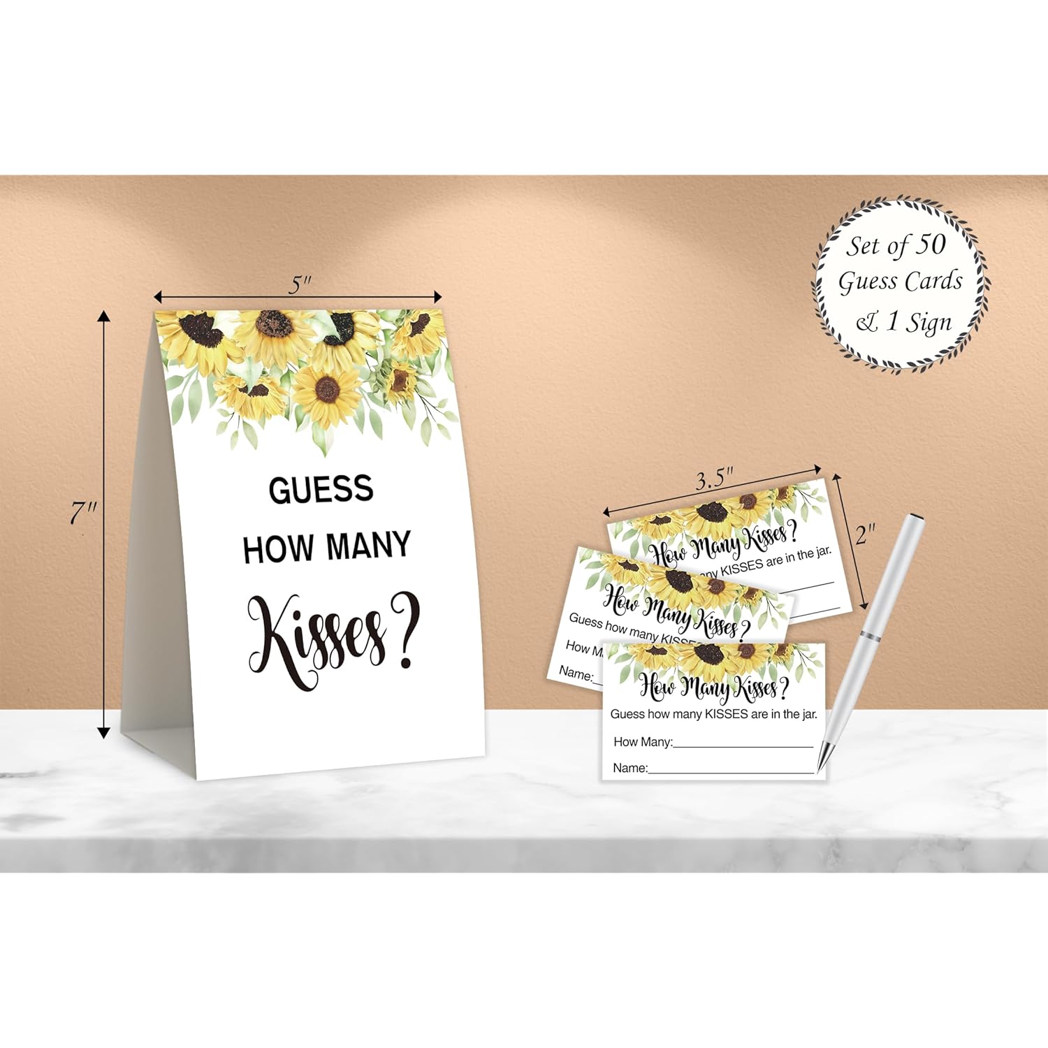 Sunflower How Many Kisses Bridal Shower Game,Bridal Shower Decorations,Popular Bridal Shower Games,Engagement Party Game,Bridal Shower Sign,Set Including 1 Sign And 50 Guessing Cards-10