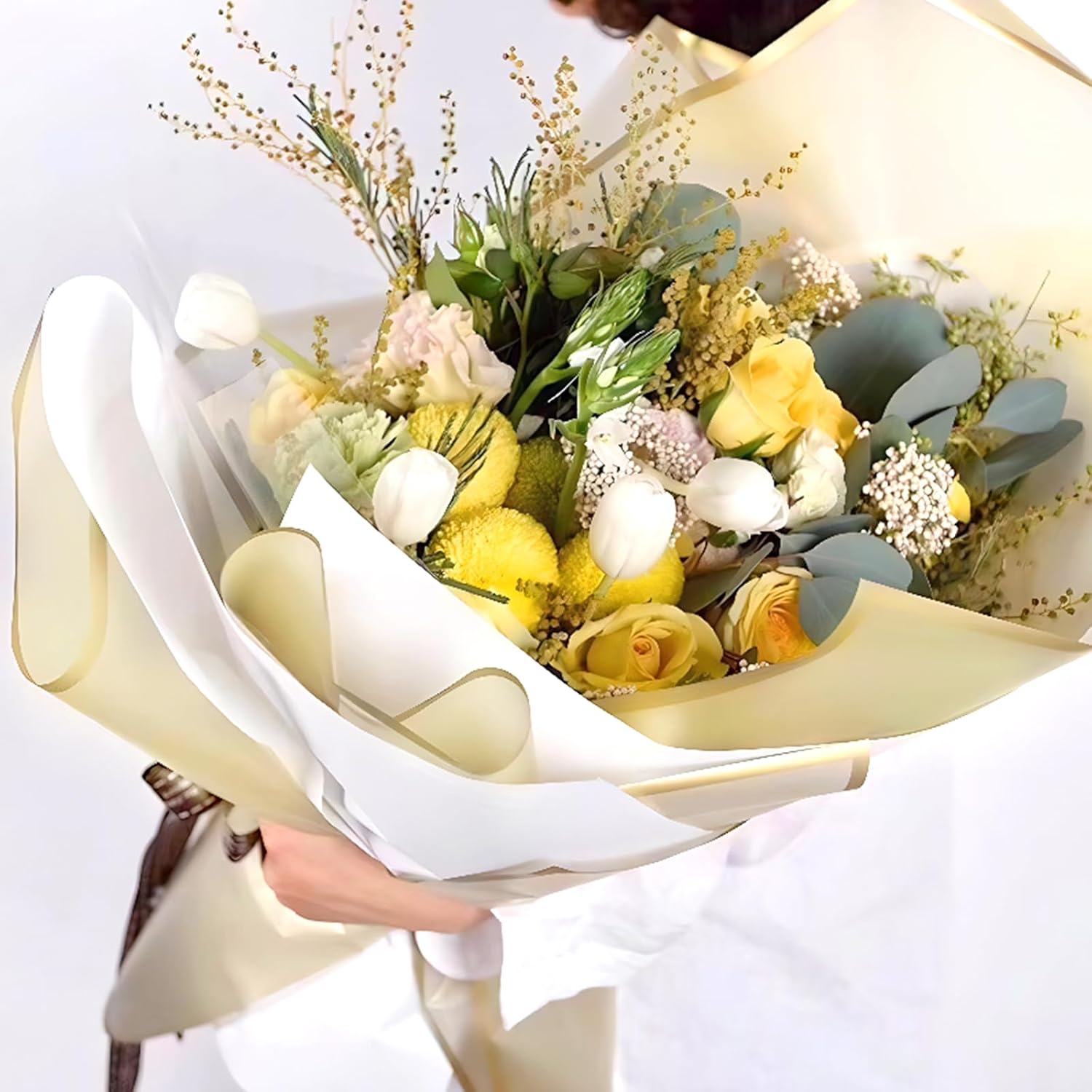 20 Sheets Gold Flower Wrapping Paper, Waterproof Translucent Korean Floral Paper For Flower Bouquet Wraps Gift Packaging Florist Supplies (22.8 X 22.8 Inch)