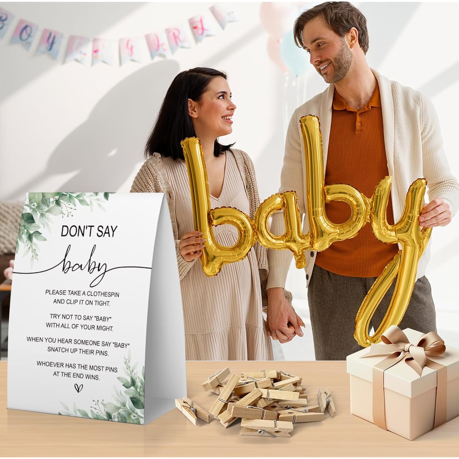 Don'T Say Baby Baby Shower Game, Greenery Baby Shower Decoration, Greenery Don'T Say Baby Sign, Fun Baby Shower Games, Clothespins For Baby Shower-Dsba17