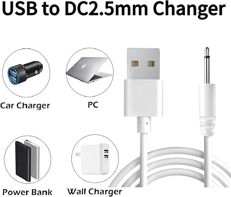 2 Pack 2.5mm DC USB Charging Cable 2.7FT Replacement Cord for Beauty Devices