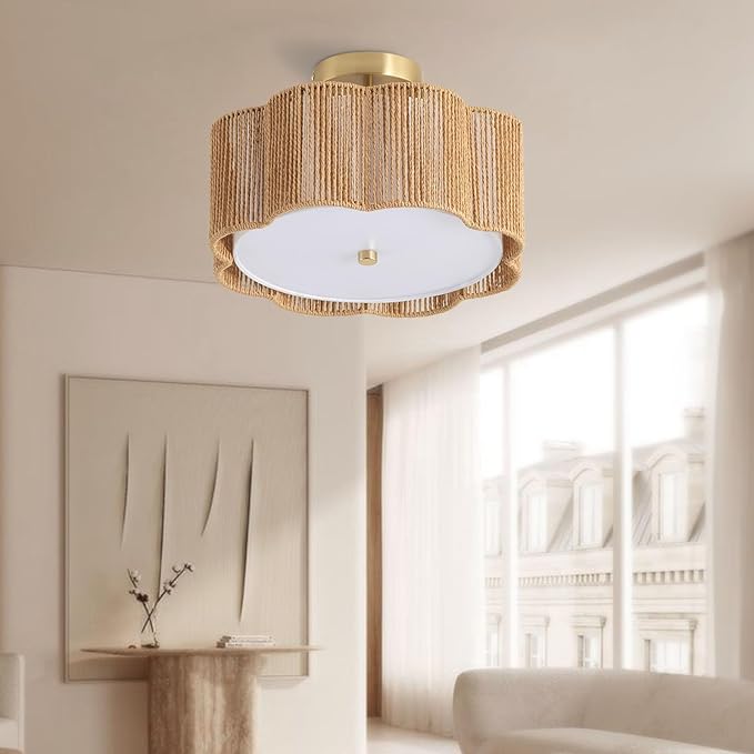 3 Light Boho Rattan Ceiling Light Flush Mount Modern Woven Chandelier Fixture