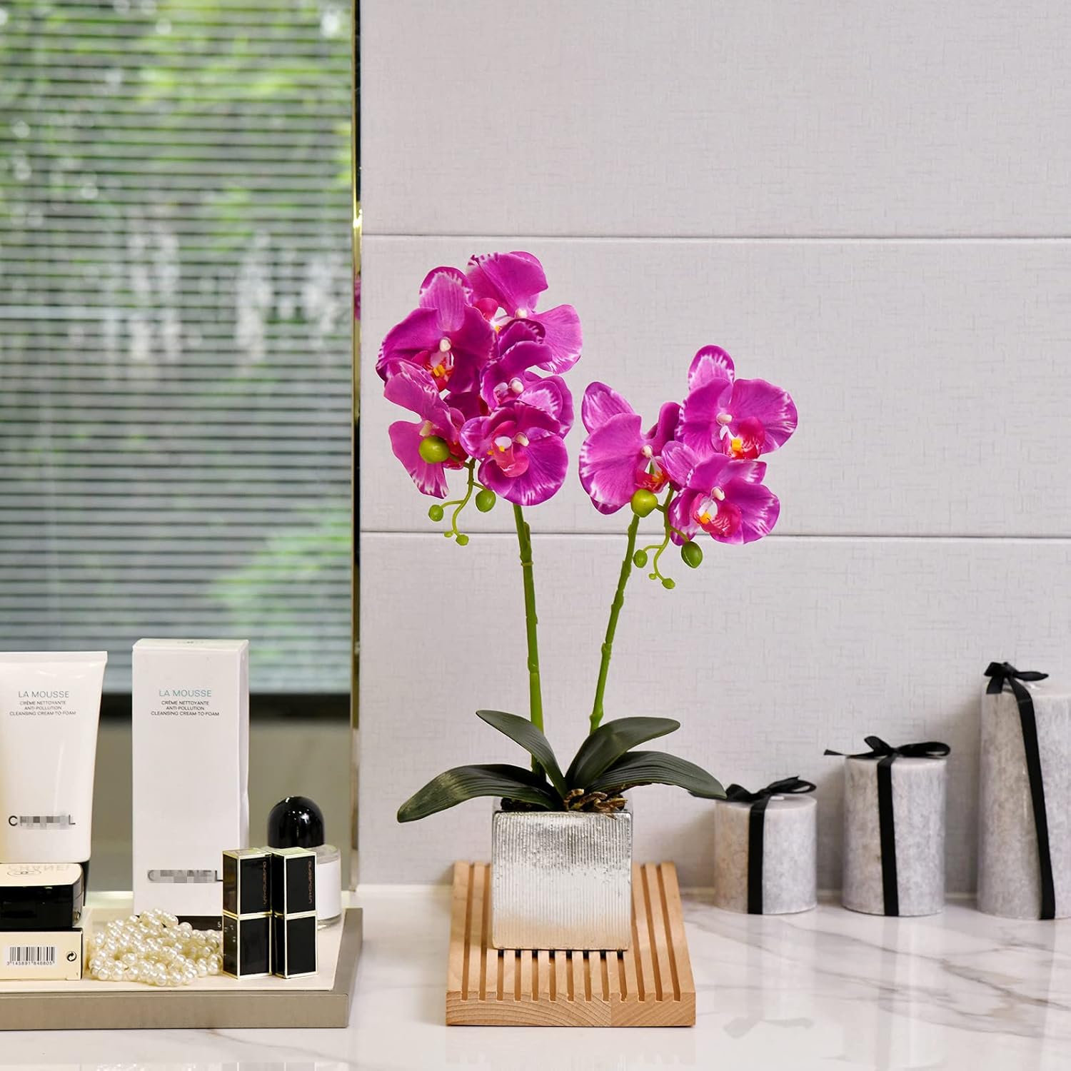 Artificial Potted Orchid Faux Phalaenopsis Silk Flowers Bonsai Realistic Arrangement In Silver Vase For Home Decoration Table Centerpiece, Purple