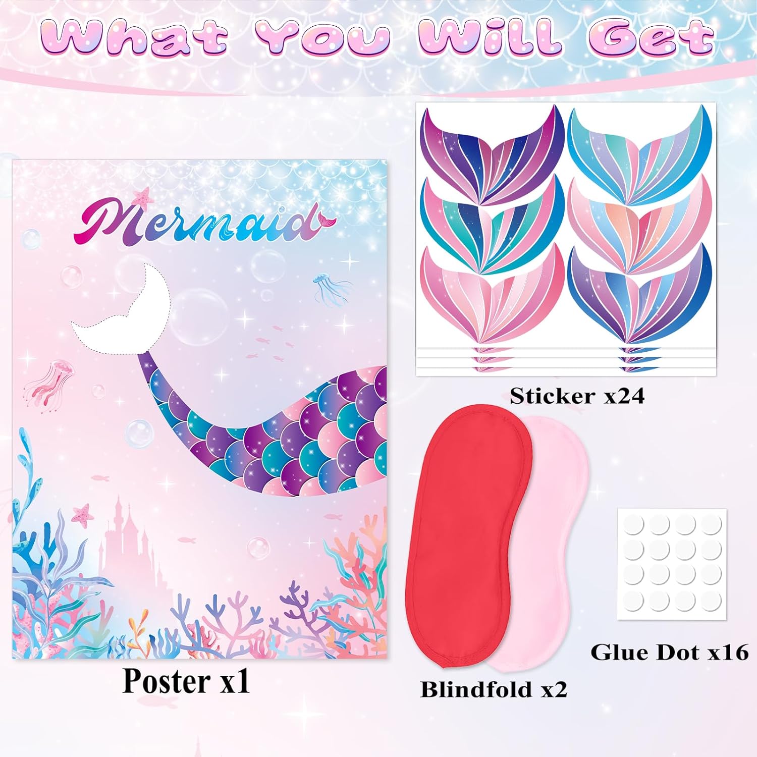 Pin The Tail On The Mermaid Party Game, Mermaid Theme Party Decorations With Poster Blindfolds And Tail Stickers, Ocean Theme Party Supplies
