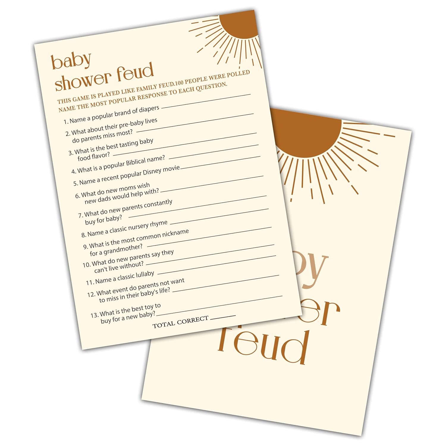 Baby Shower Feud Baby Shower Games, Boho Sun Baby Shower Decorations, Gender Reveal Games Cards For Baby Shower Party, Gender Reveal Party, Set Of 25 Game Cards (D02)